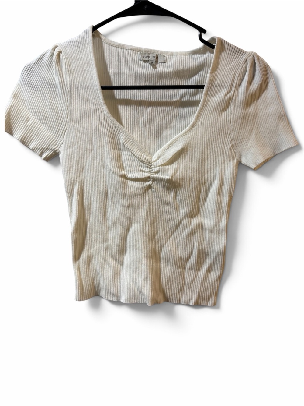 Love Tree Ribbed Ruched Bust Crop Top Ivory Sweetheart Neck Y2K M